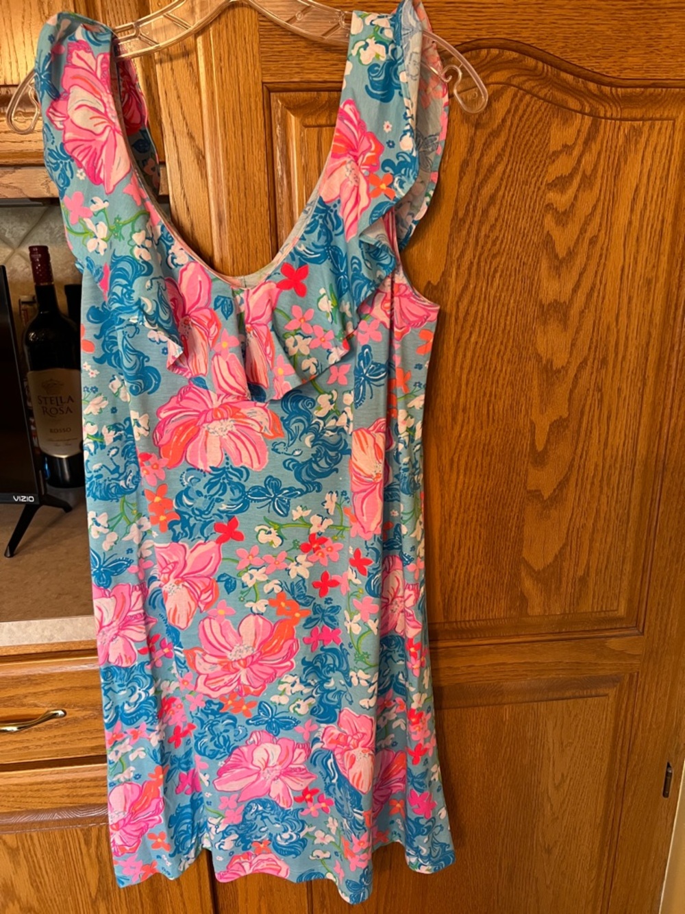 Lilly Pulitzer Blue Floral Ruffle Sundress with Pink Accents